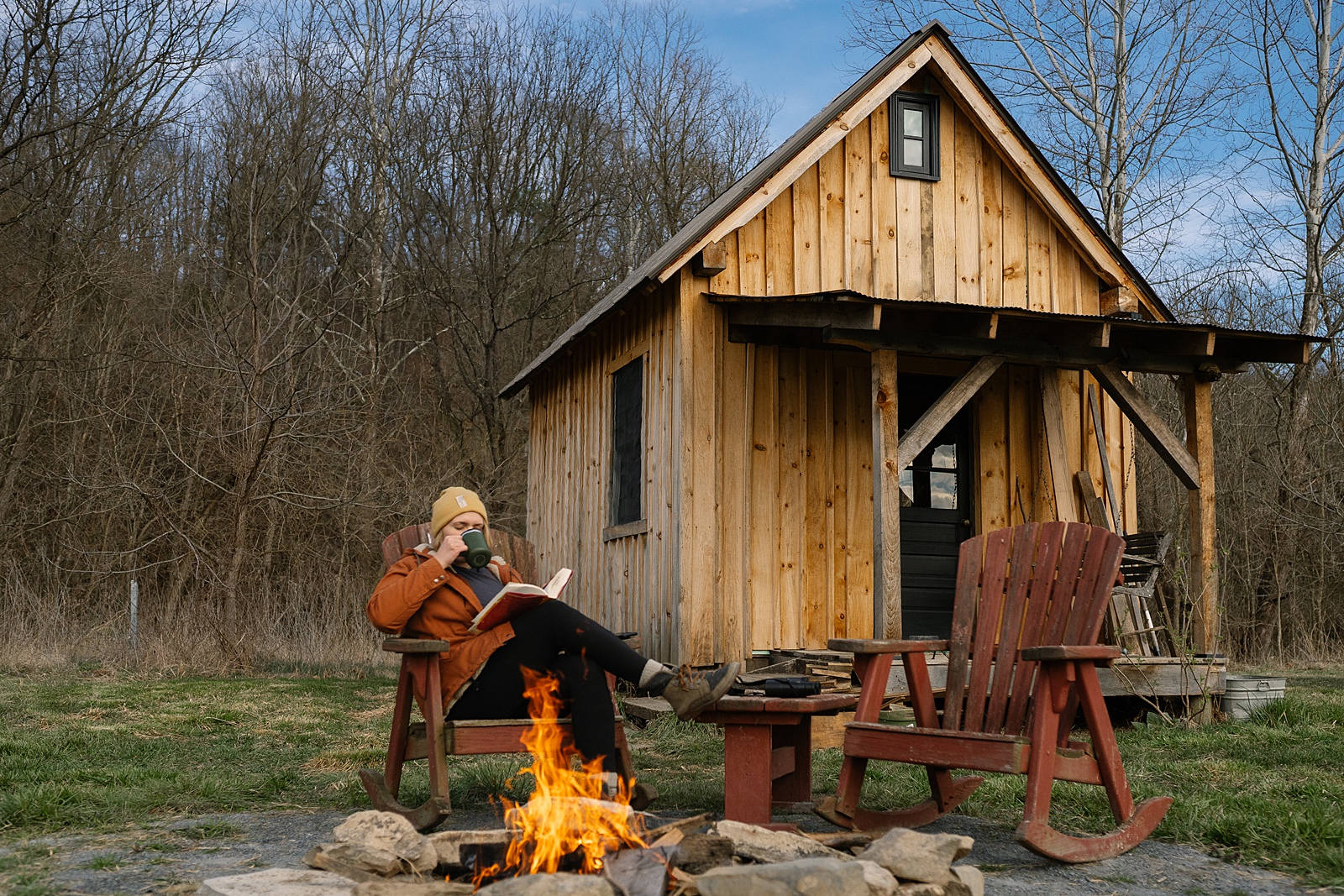 sipping tea by a campfire, cozy off-grid cabin in Staunton, travel photographer for hire