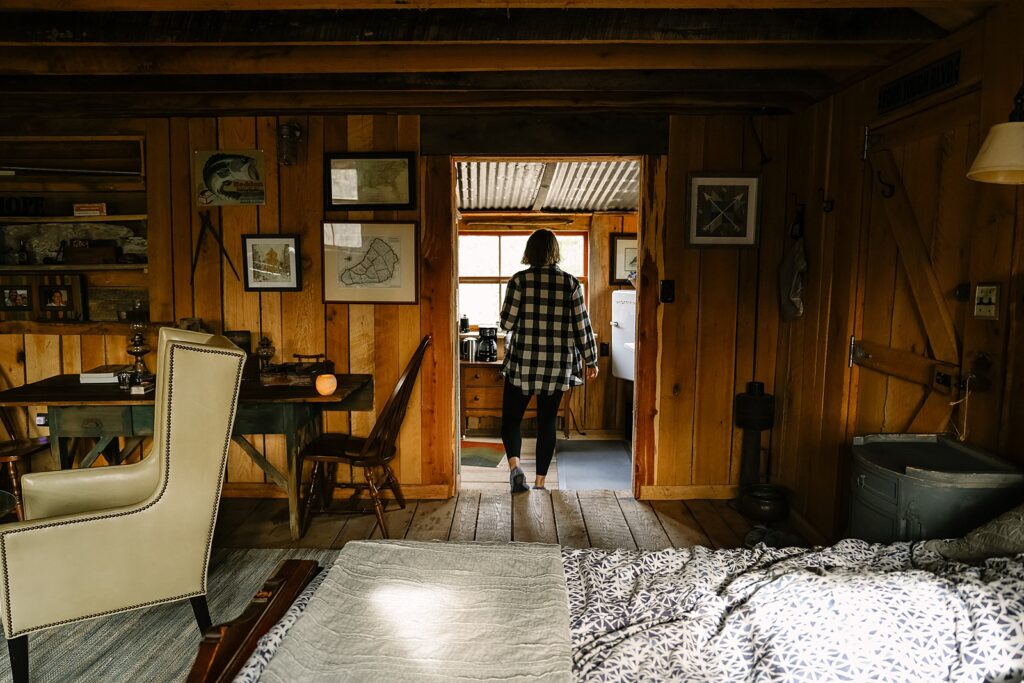 Cozy Hipcamp Cabin walking into kitchenette
