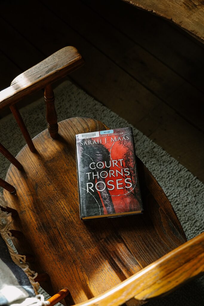 Cozy Hipcamp Cabin reading A Court of Thorns and Roses by Sara J Maas